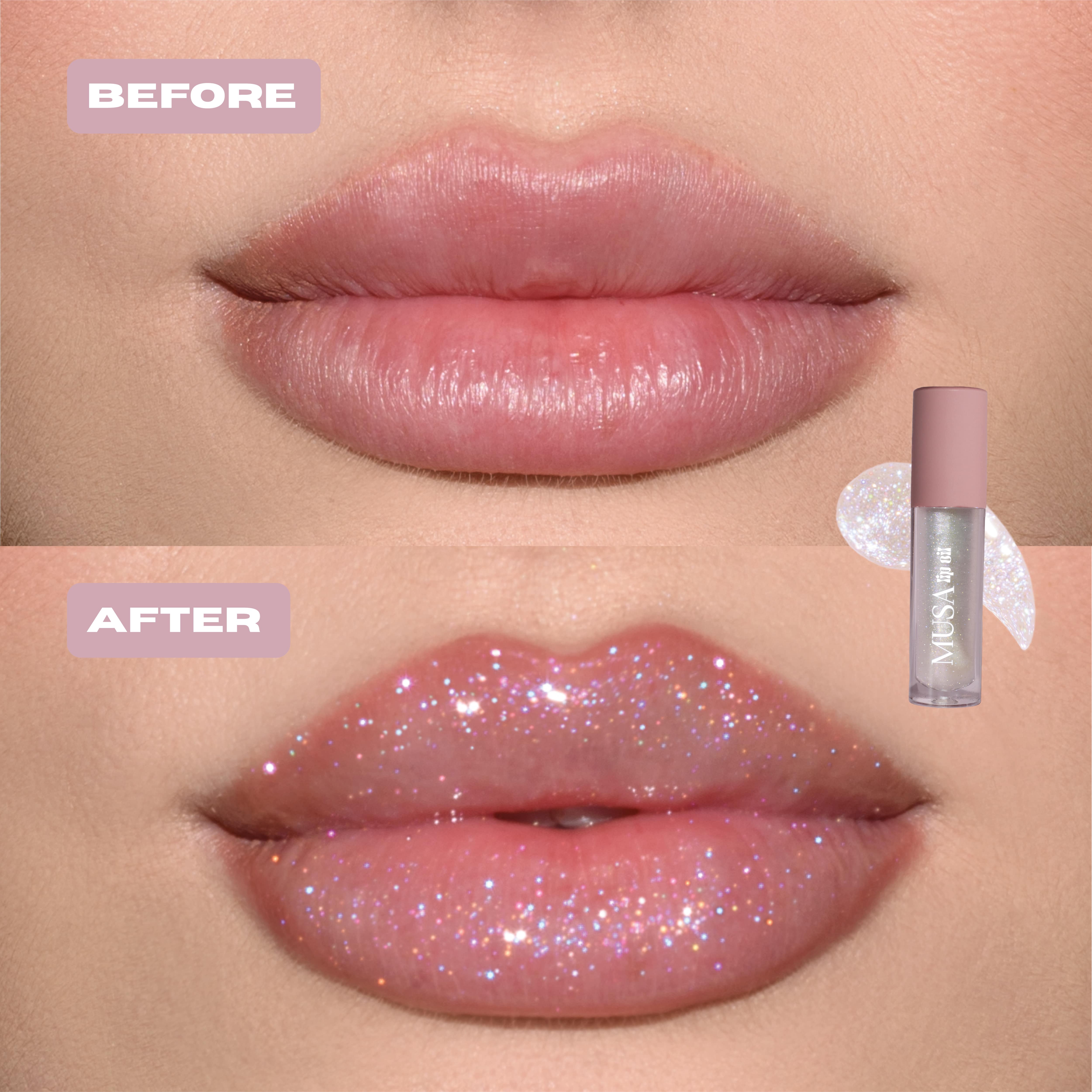 Before and After clear glitter lip oil with holographic shine on lips.
