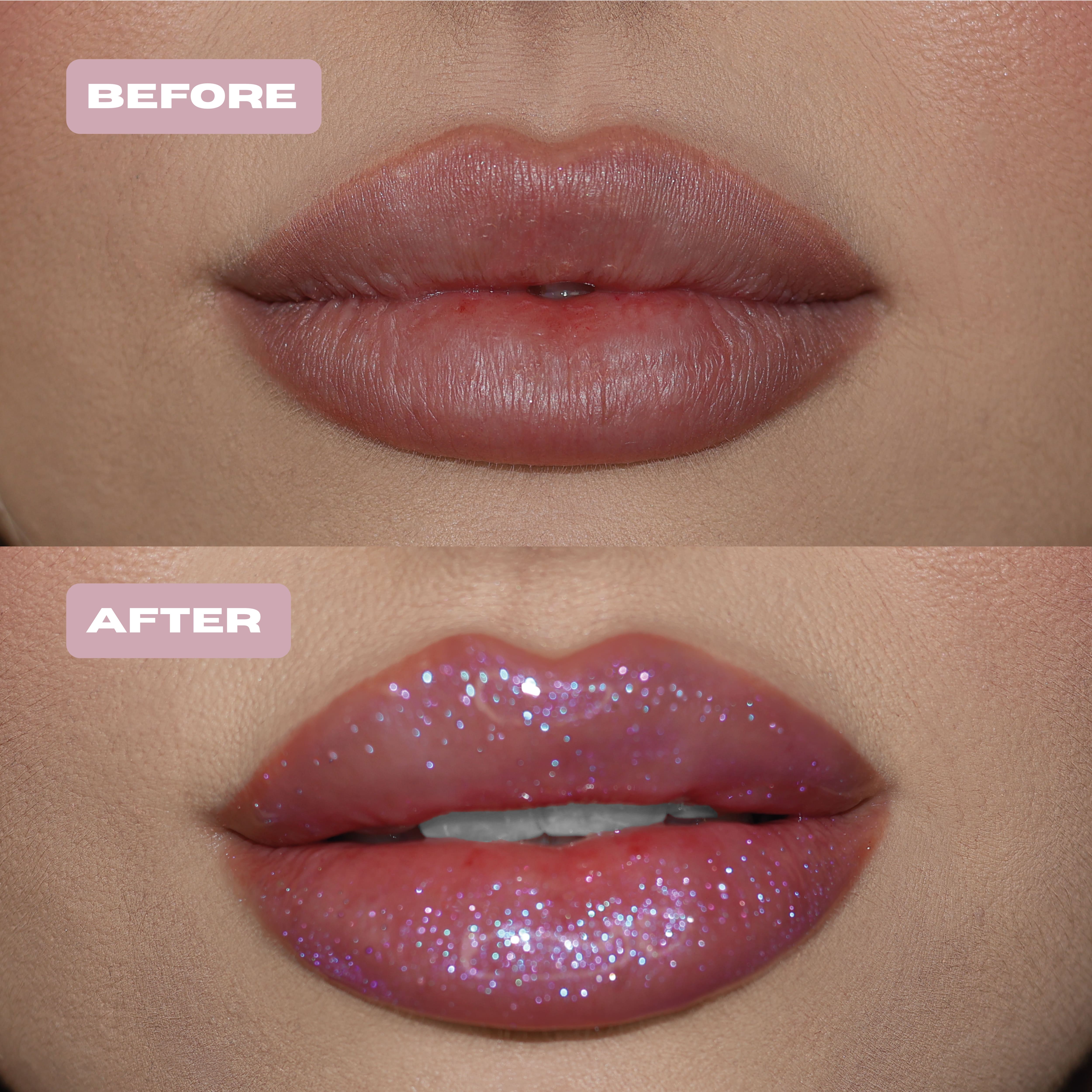 before after glitter lip oil purple