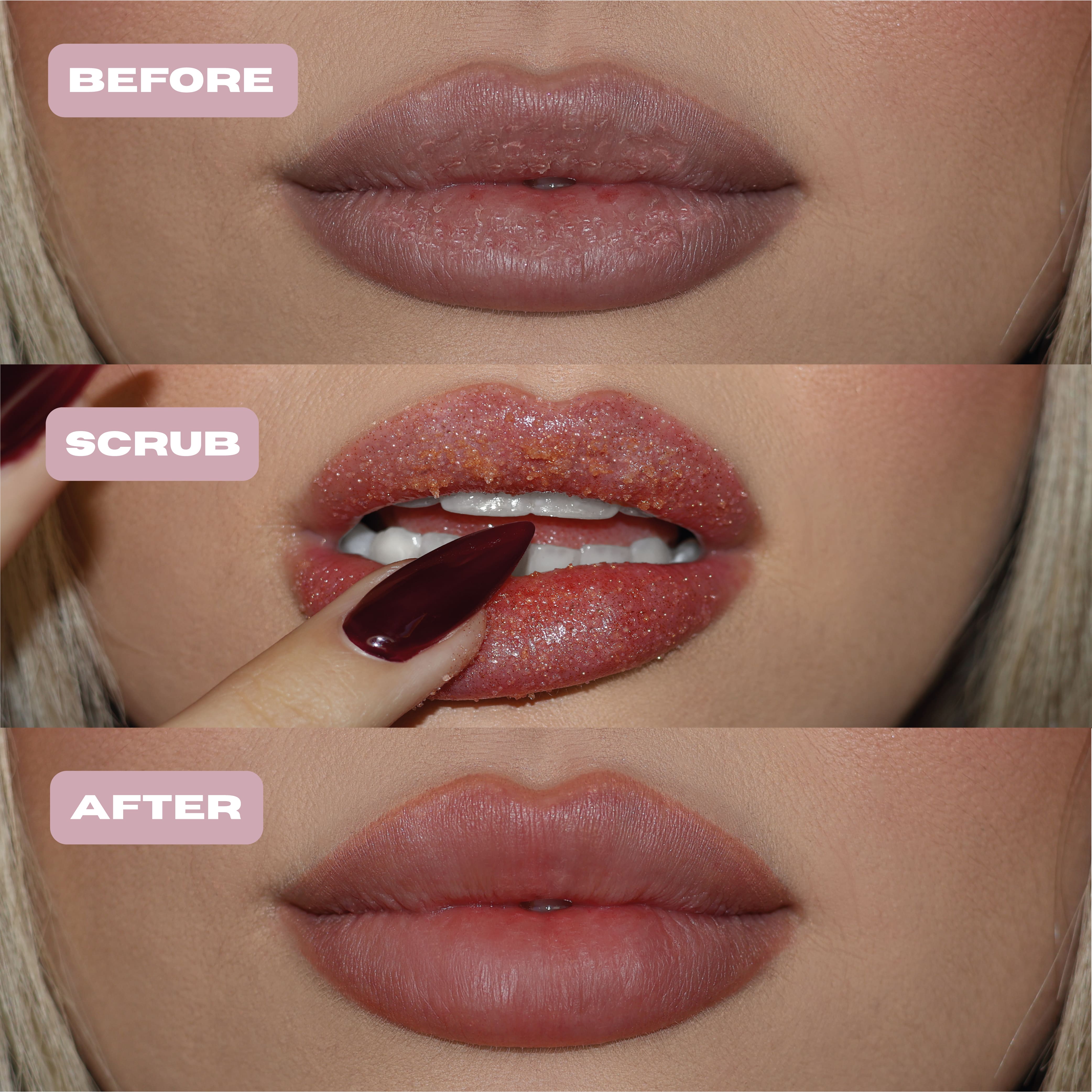 before during after gold glitter lip scrub