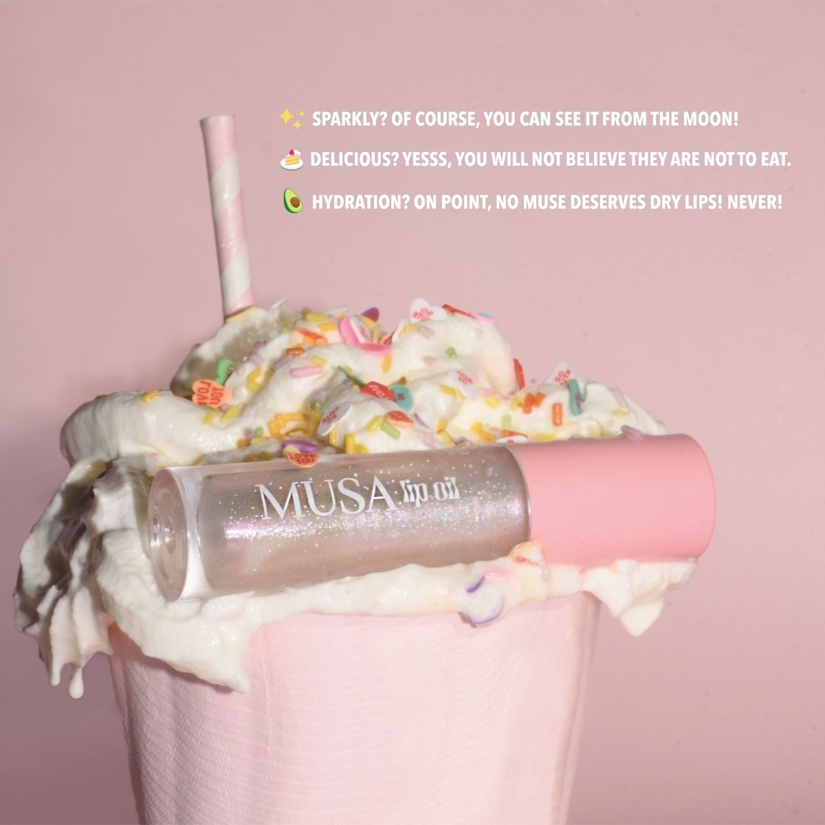 Lip Oil with Cotton Candy Scent. Clear color with holographic glitter. Perfect for Glitter Makeup.