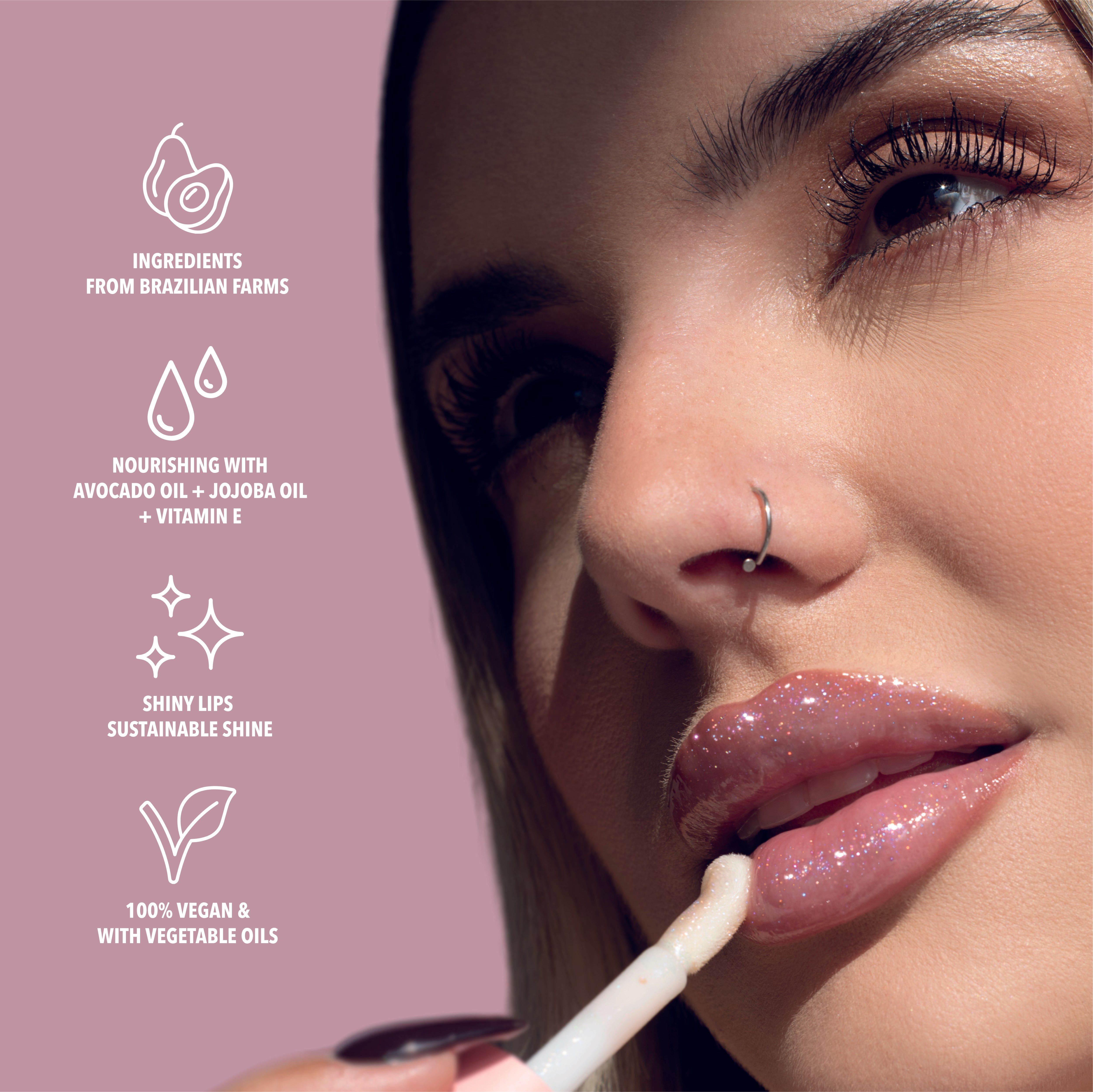 Benefits of the clear glitter lip oil. Made with avocado oil, vitamin E and jojoba oil. Vegan and Cruelty Free. Made with biodegradable glitter.