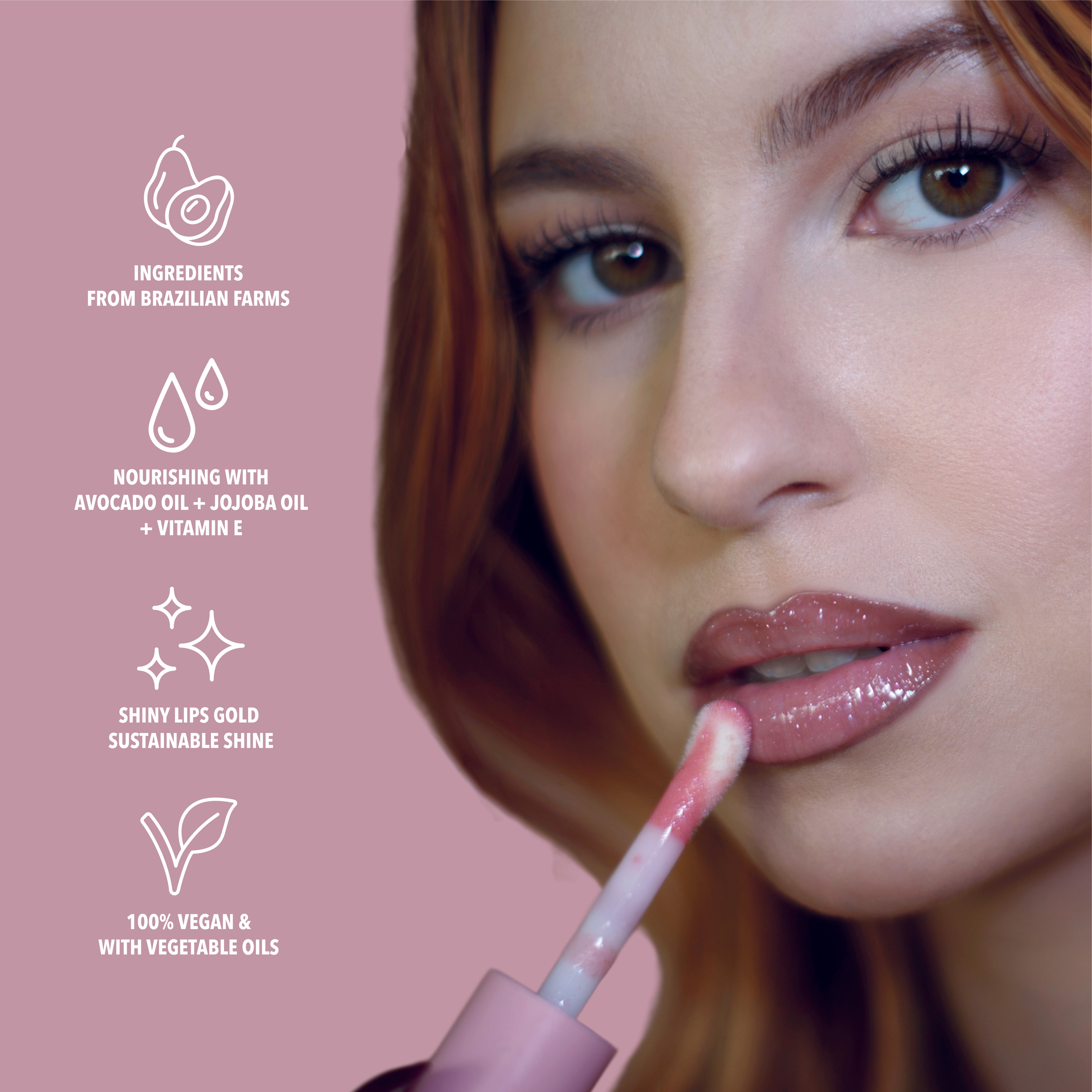 Benefits of the pink glitter lip oil. Made with avocado oil, vitamin E and jojoba oil. Vegan and Cruelty Free. Made with biodegradable glitter.