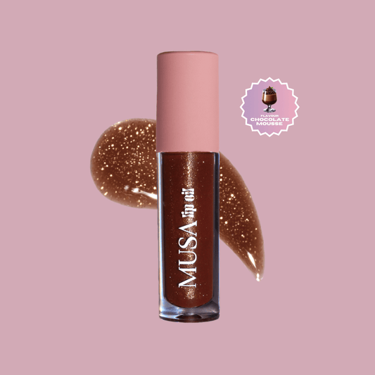 A brown glitter lip oil, with gold glitter and chocolate scent.#color_chocolate