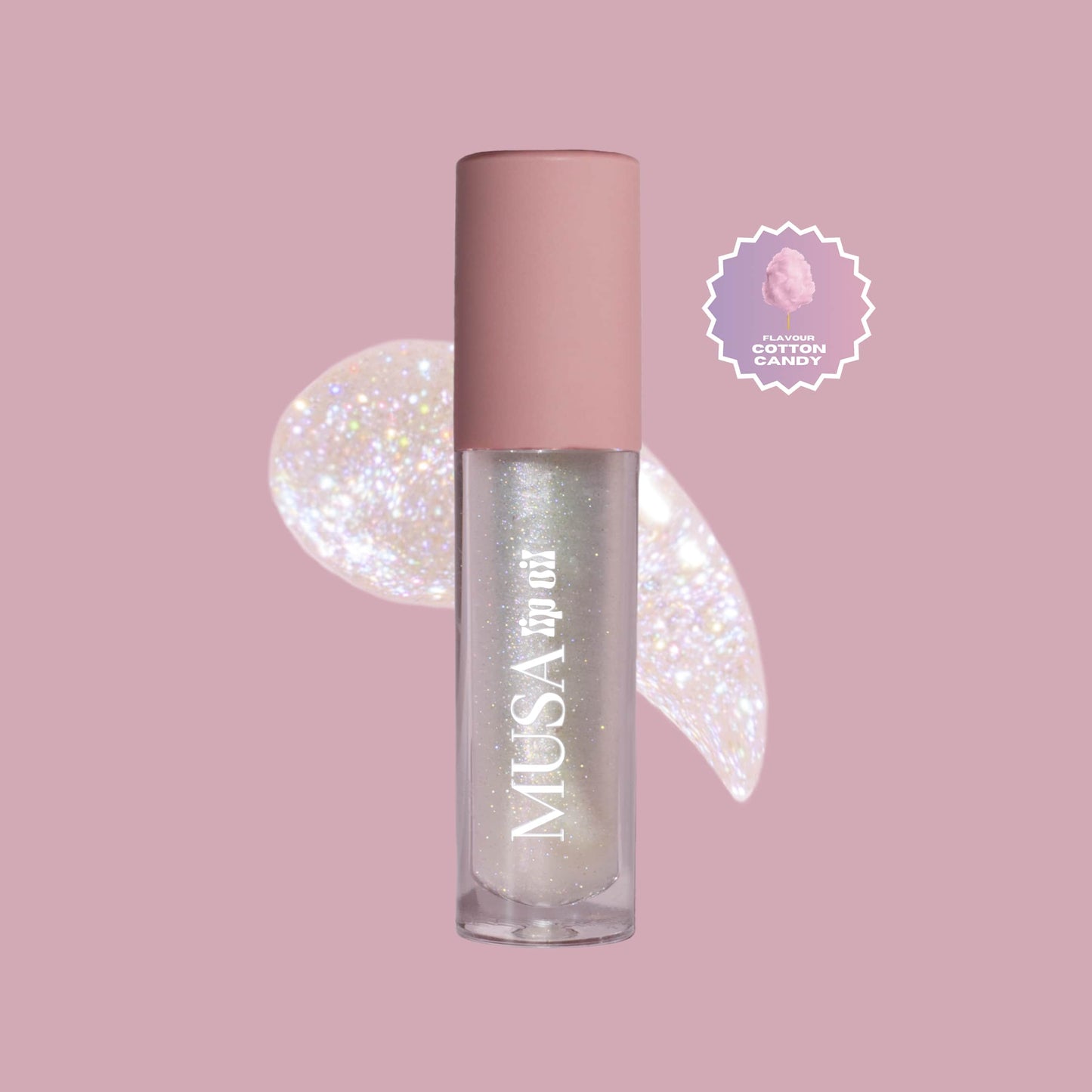 A clear glitter lip oil, with holographic glitter and cotton candy scent.#color_cotton-candy