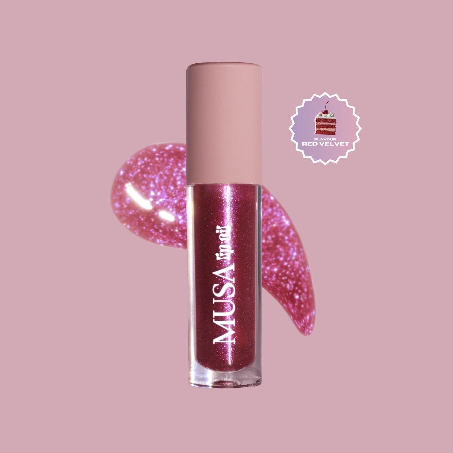 Dark pink glitter lip oil with purple glitter and red velvet scent.#color_red-velvet