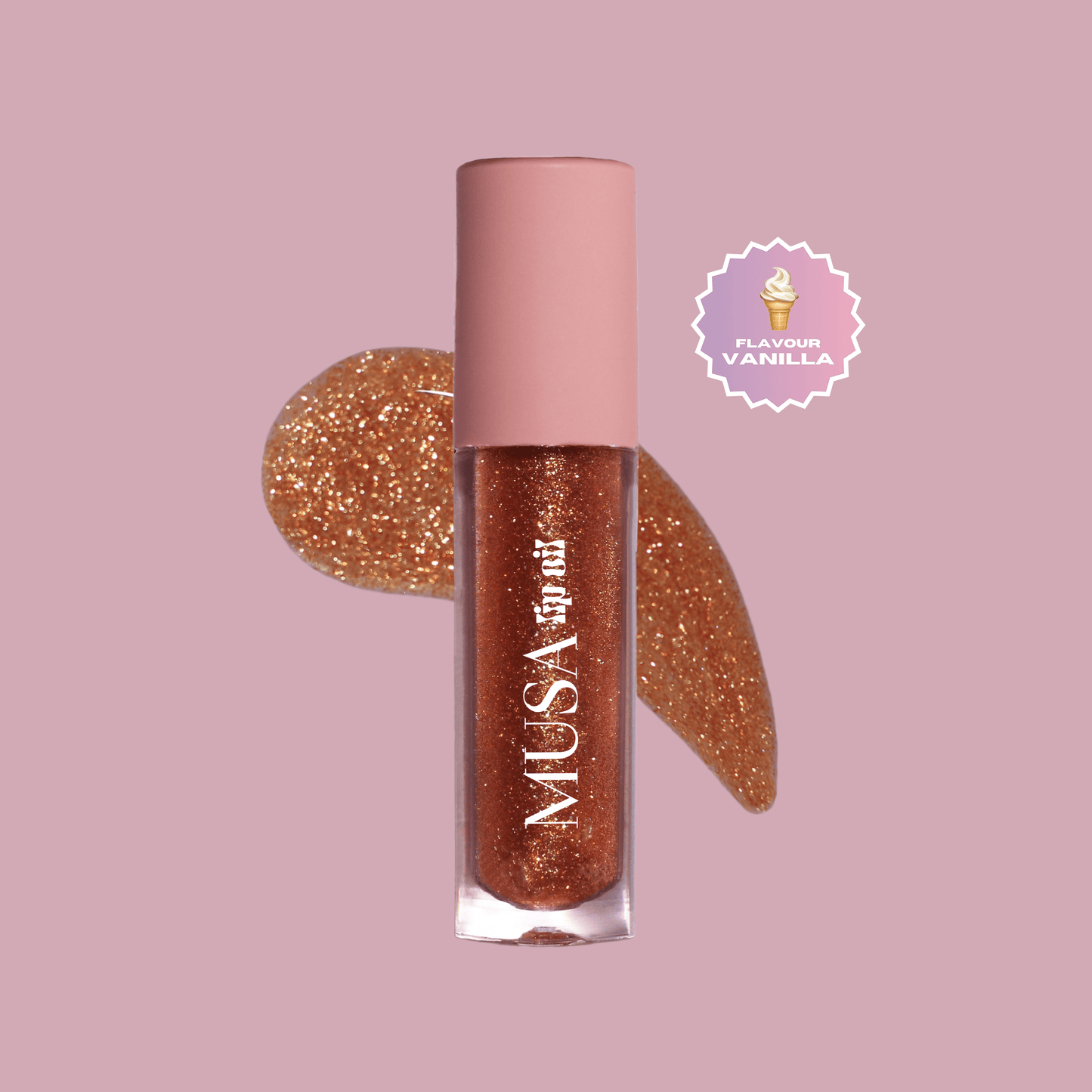 A gold glitter lip oil, with gold glitter and vanilla scent.