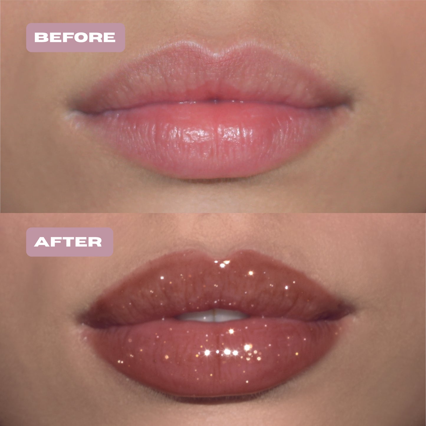 Before and After brown glitter lip oil with gold glitter on lips. 