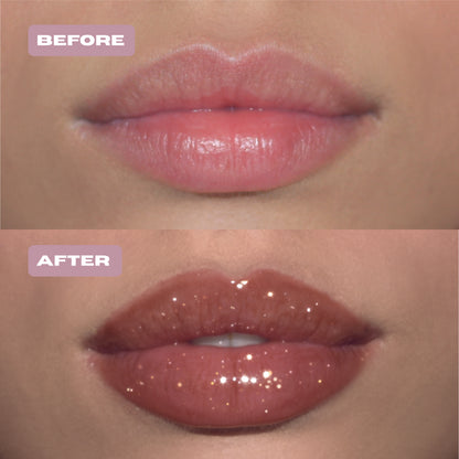 Before and After brown glitter lip oil with gold glitter on lips. 