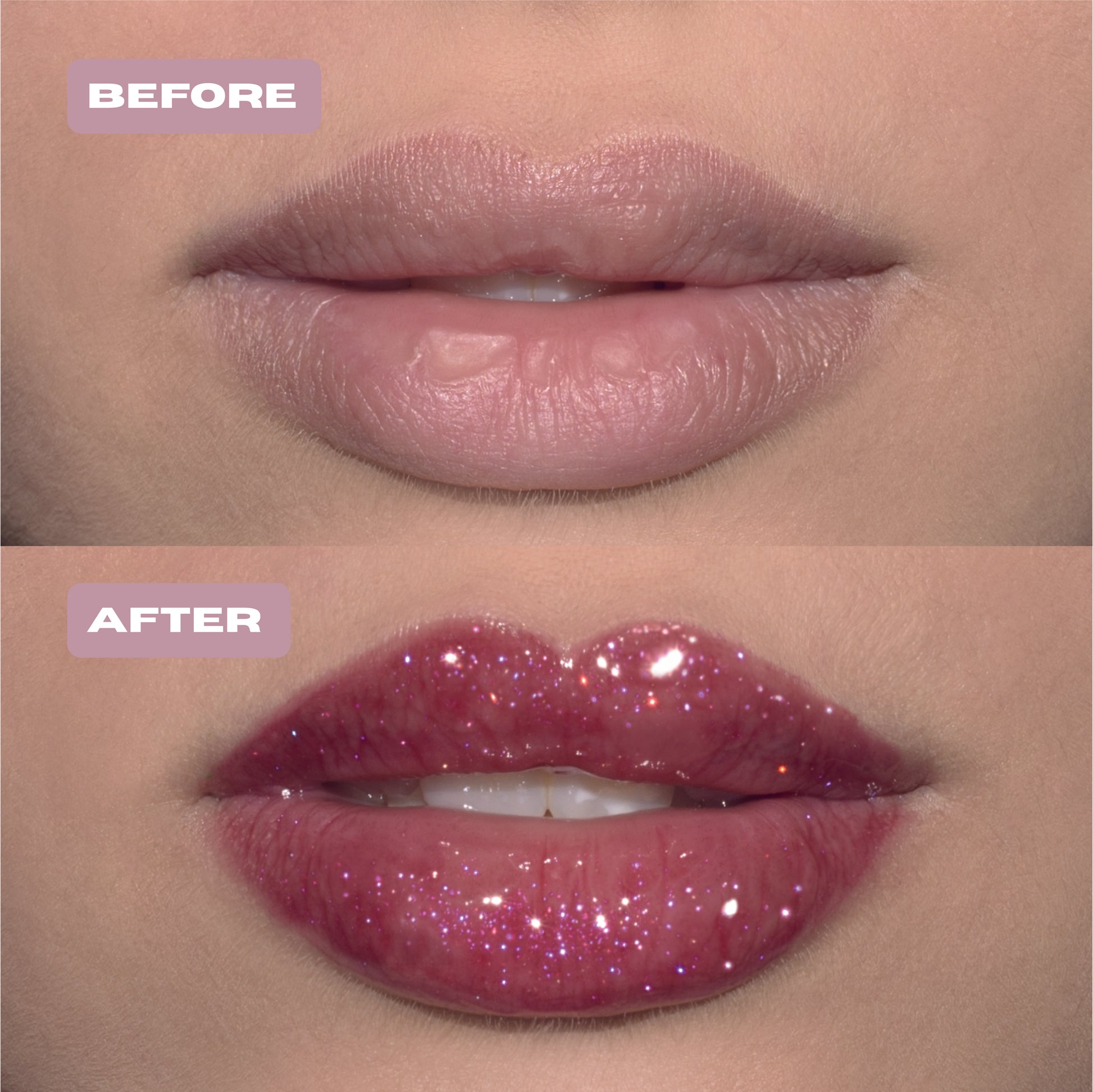 Before and After dark pink glitter lip oil with purple glitter on lips.#color_red-velvet