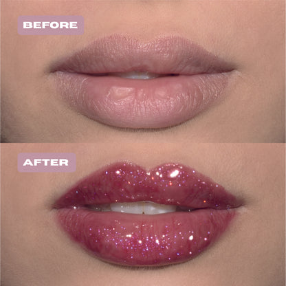 Before and After dark pink glitter lip oil with purple glitter on lips.#color_red-velvet