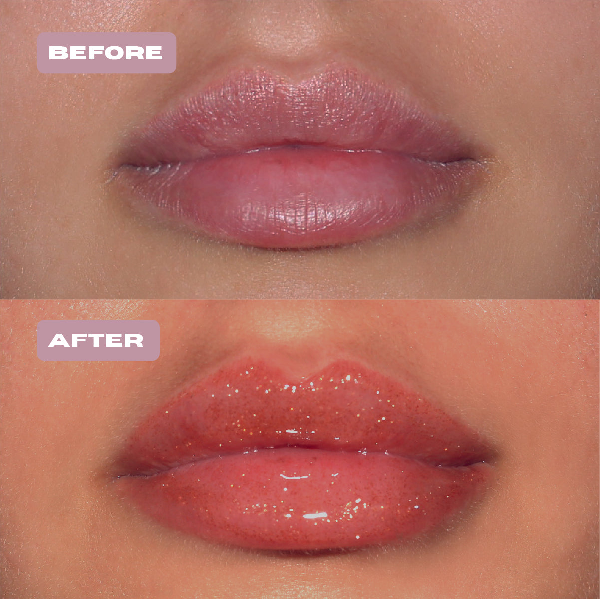 Before and After gold glitter lip oil with gold glitter on lips. 