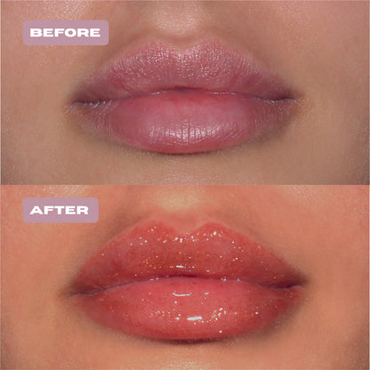 Before and After gold glitter lip oil with gold glitter on lips. 