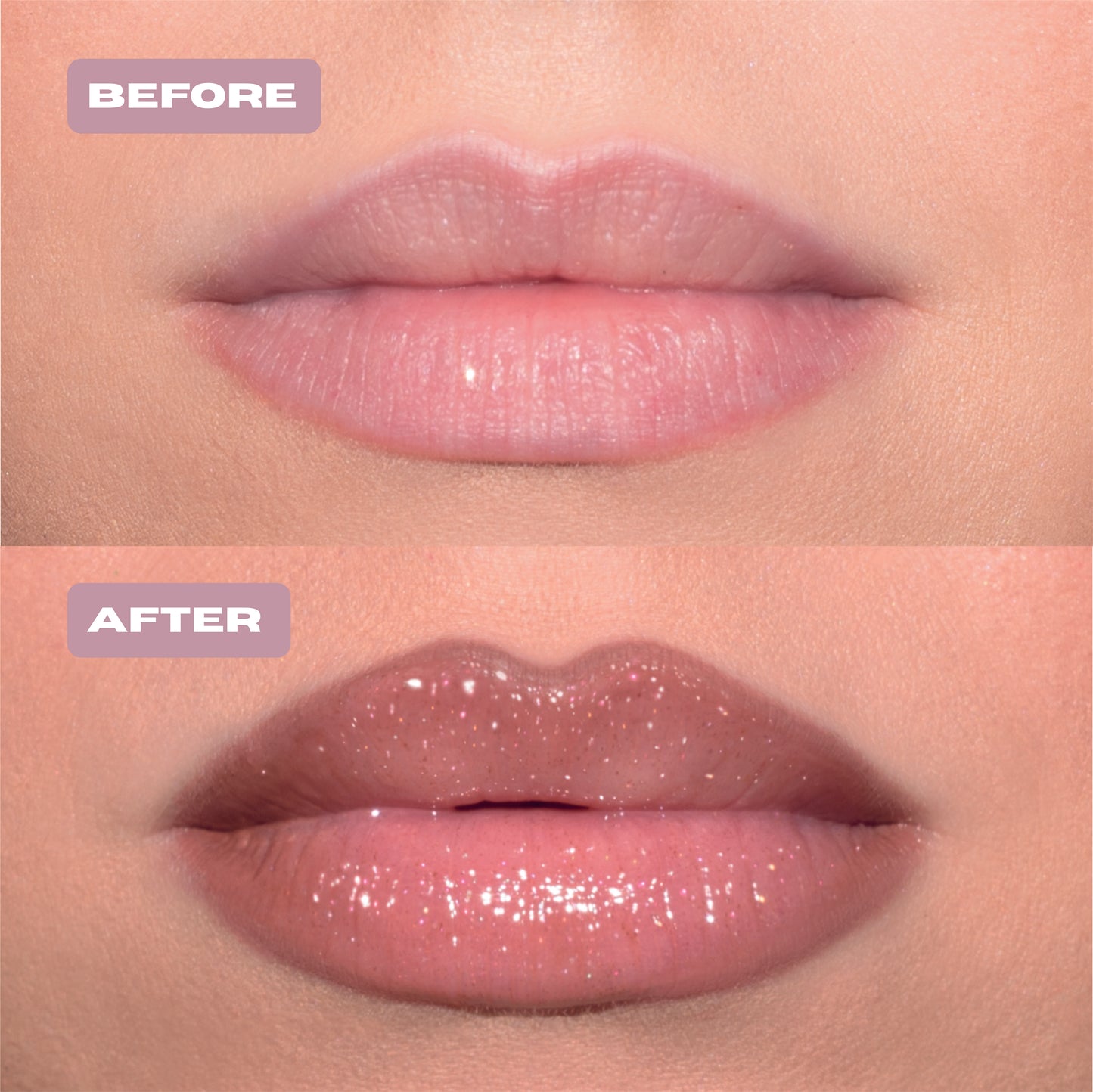 Before and After light pink glitter lip oil with silver glitter on lips.#color_gingerbread