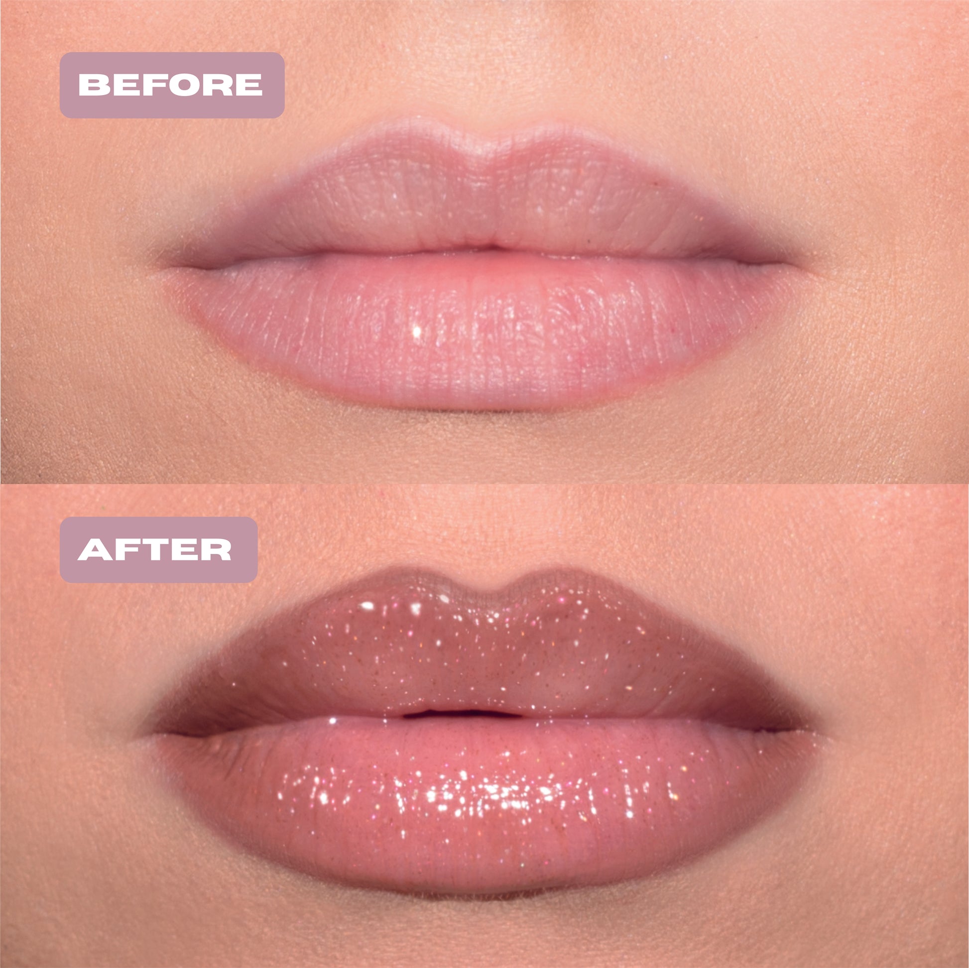 Before and After light pink glitter lip oil with silver glitter on lips.#color_gingerbread