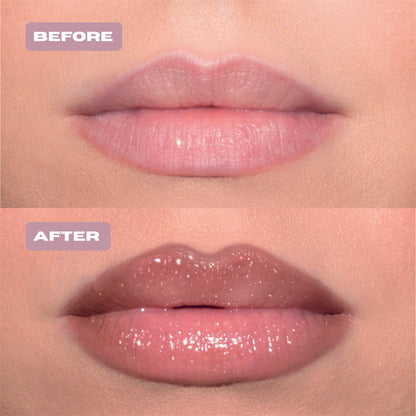 Before and After light pink glitter lip oil with silver glitter on lips.#color_gingerbread