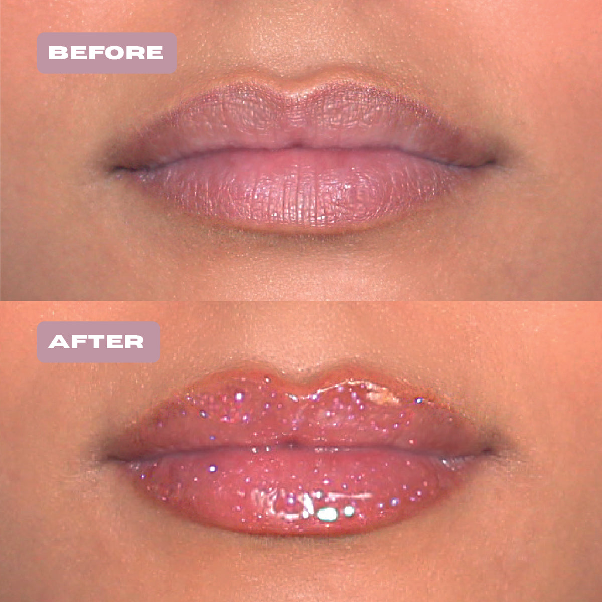 Before and After pink glitter lip oil with purple glitter on lips for a glitter makeup.