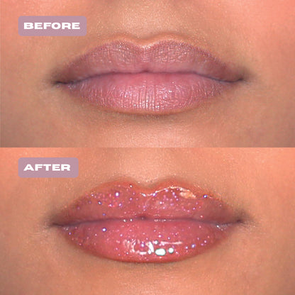 Before and After pink glitter lip oil with purple glitter on lips for a glitter makeup.