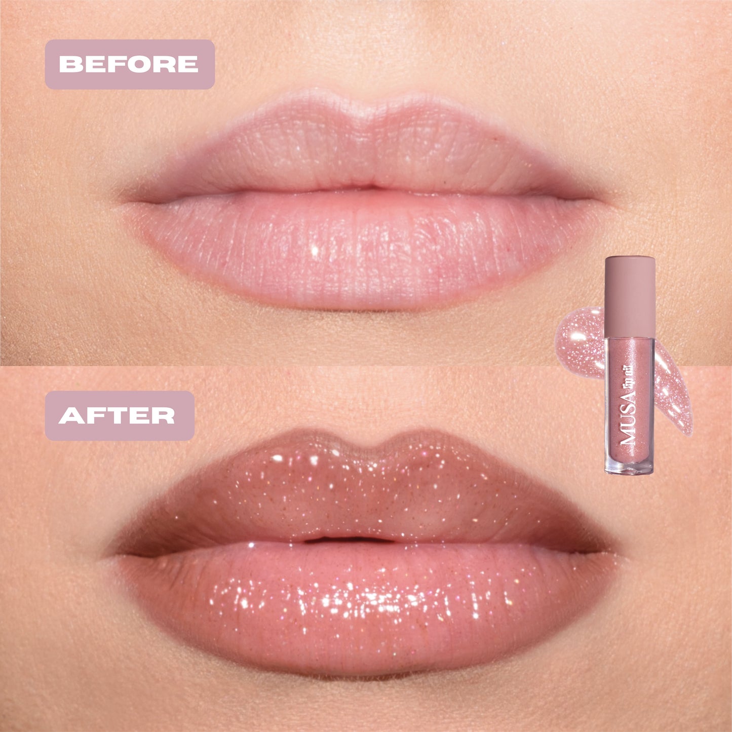 Before and After pink glitter lip oil application. Pink lip oil with silver glitter.