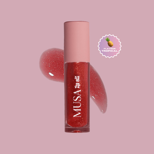 A red glitter lip oil, with gold glitter and tropical scent.