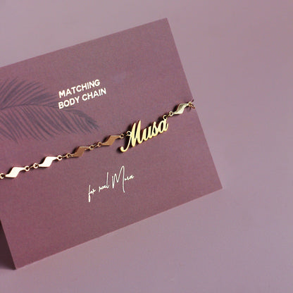 A aesthetic gold body chain, inspired by musa glitter, made of stainless steel.