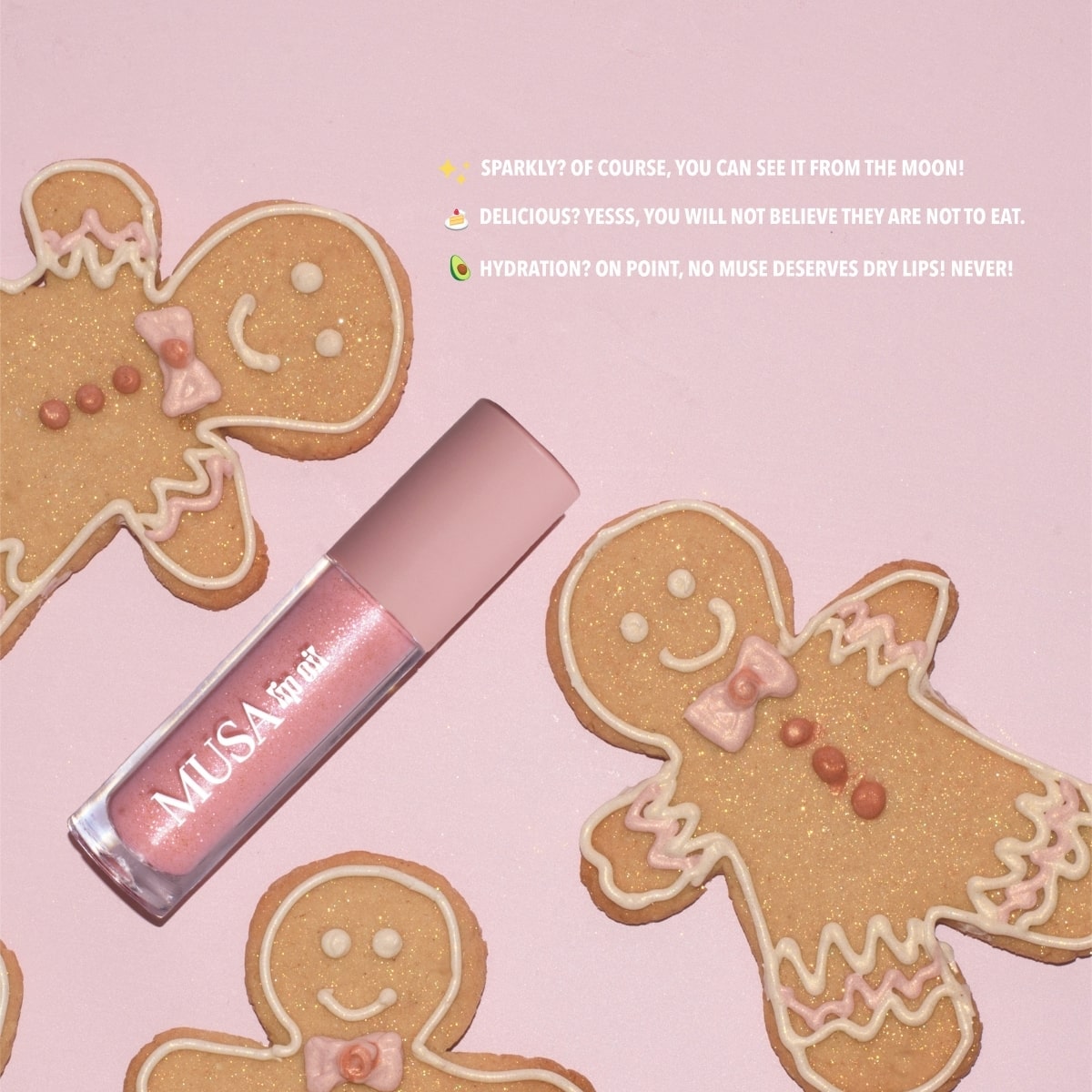 Lip Oil with Gingerbread Scent. Clear color with silver glitter. Perfect for Glitter Makeup.#color_gingerbread