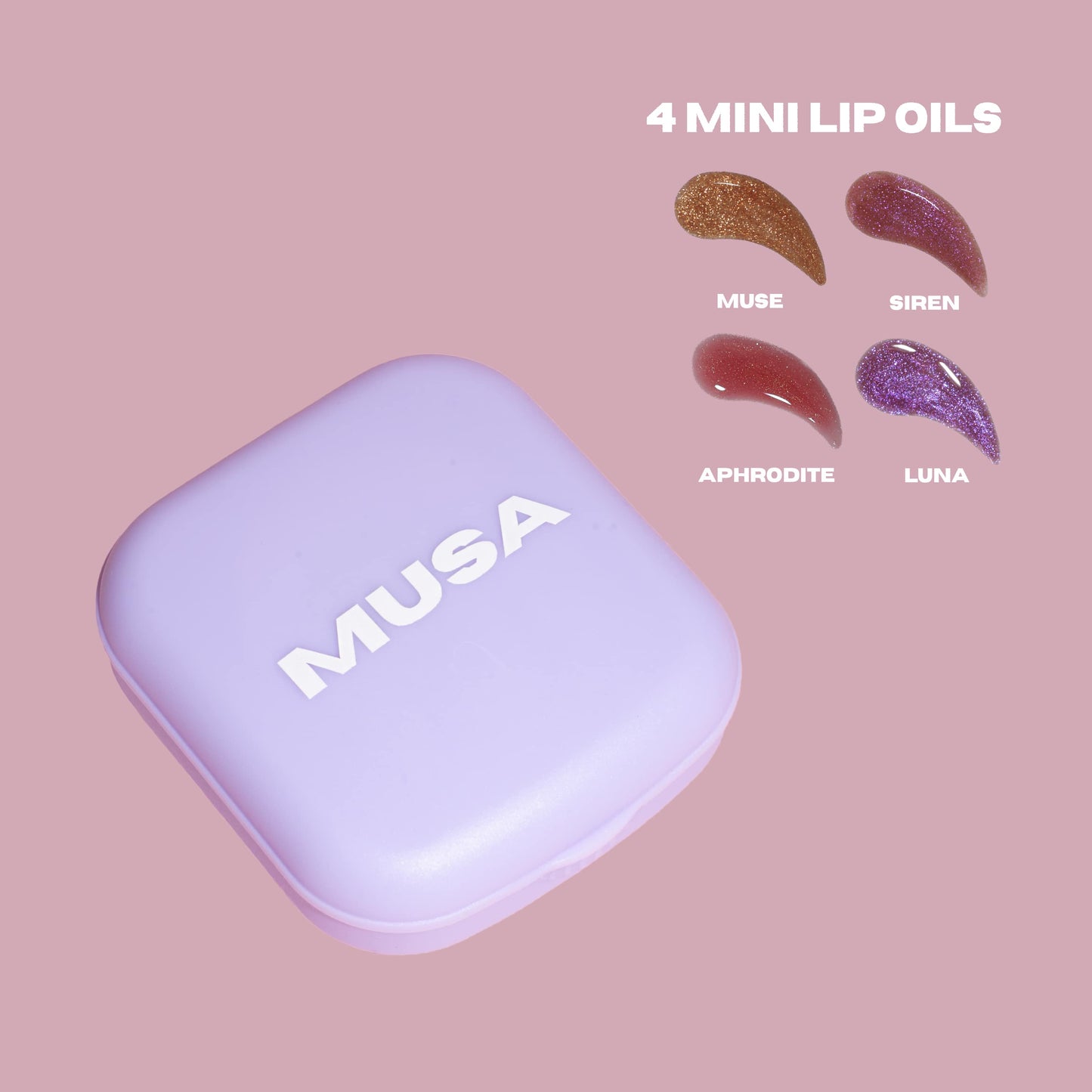 This box contains 4 travel size lip oils. A gold lip oil, a pink lip oil, a red lip oil and a purple lip oil. Glitter Lip Oils