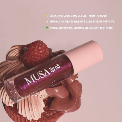 Lip Oil with Red Velvet Scent. Dark Pink color with purple glitter from MUSA Makeup.#color_red-velvet