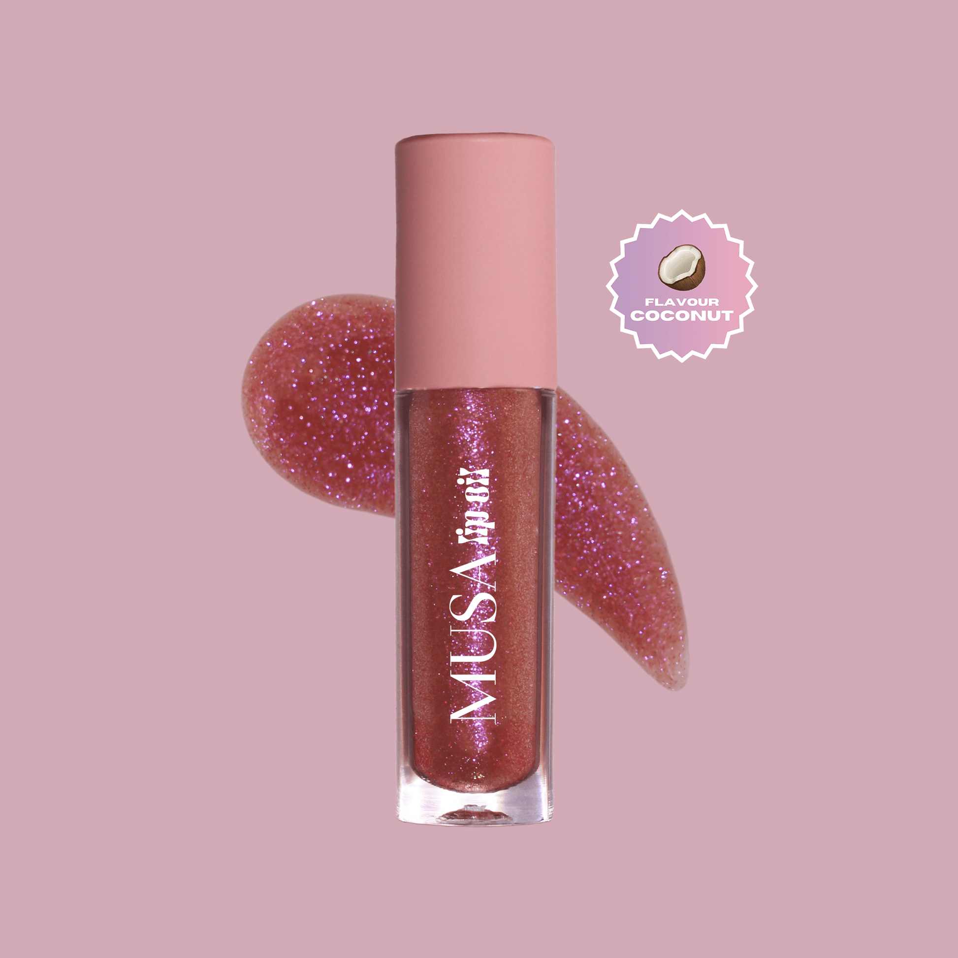 A pink glitter lip oil, with purple glitter and coconut scent.