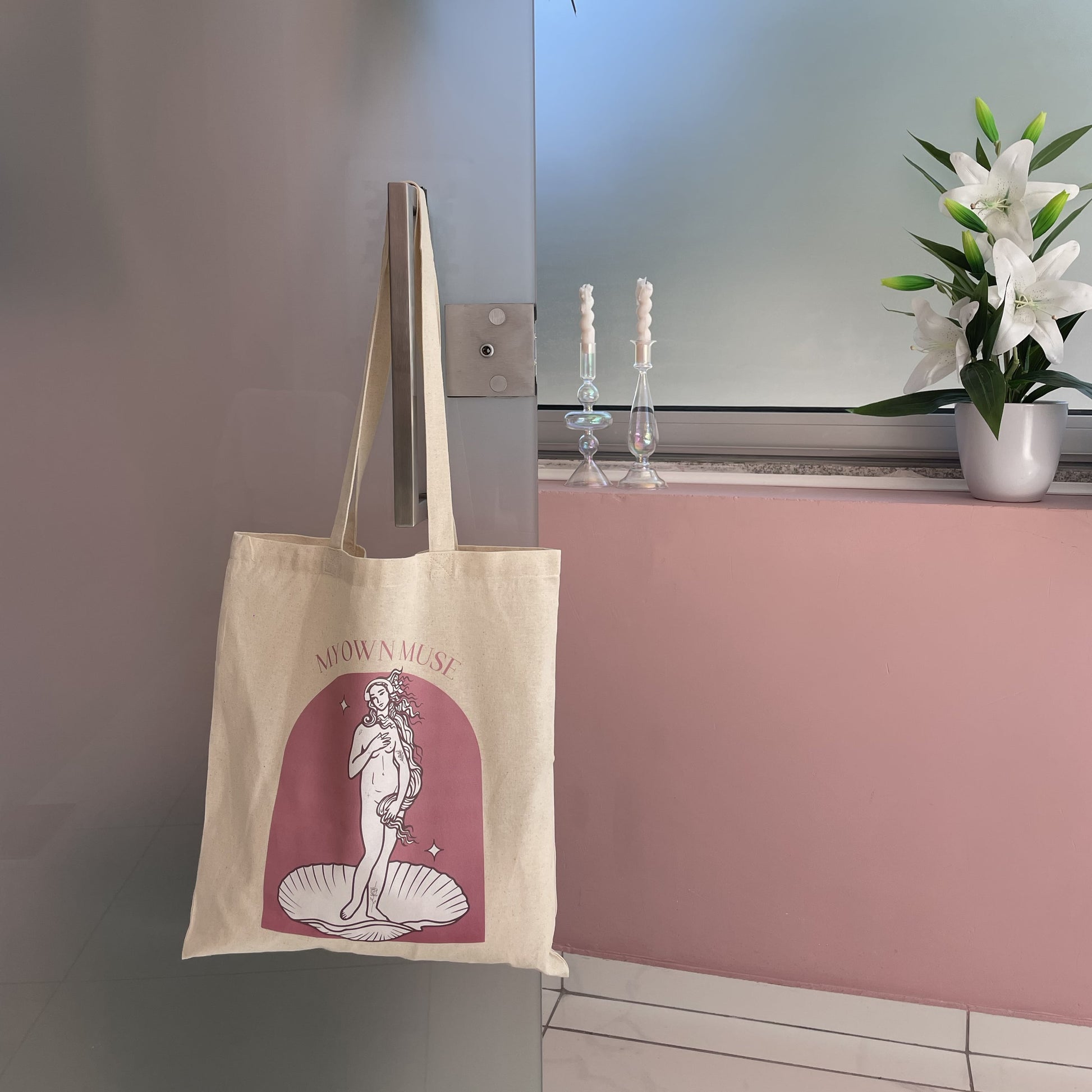 Aesthetic tote bag in a pink office. My own Muse Tote Bag.