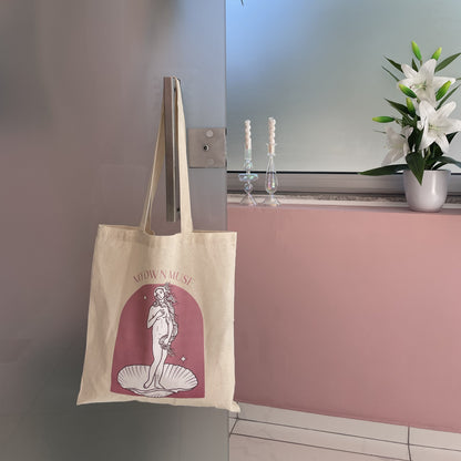 Aesthetic tote bag in a pink office. My own Muse Tote Bag.