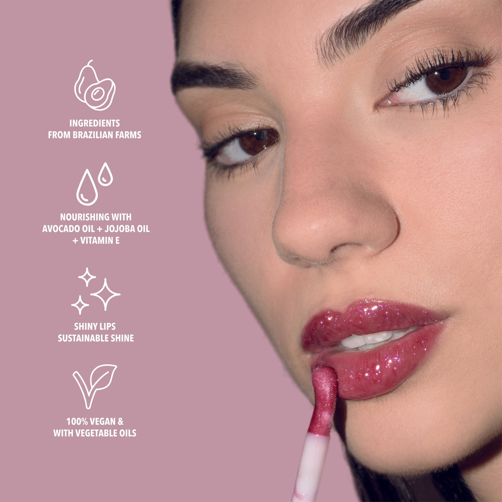 Benefits of the dark pink glitter lip oil. Made with avocado oil, vitamin E and jojoba oil. Vegan and Cruelty Free. Made with biodegradable glitter.#color_red-velvet