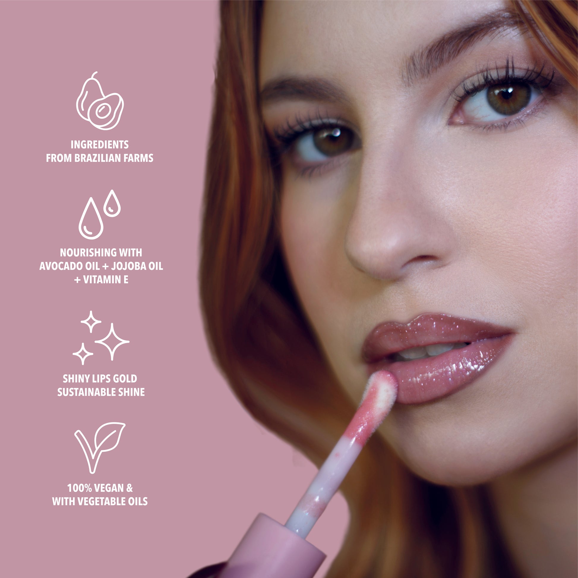 Benefits of the pink glitter lip oil. Made with avocado oil, vitamin E and jojoba oil. Vegan and Cruelty Free. Made with biodegradable glitter.#color_gingerbread