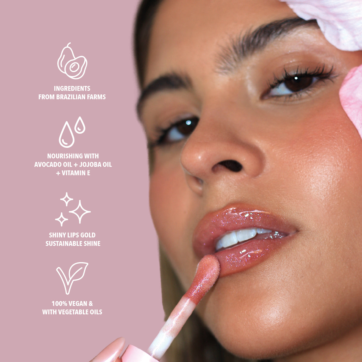Benefits of the pink glitter lip oil with purple glitter. Made with avocado oil, vitamin E and jojoba oil. Vegan and Cruelty Free. Made with biodegradable glitter.#color_siren