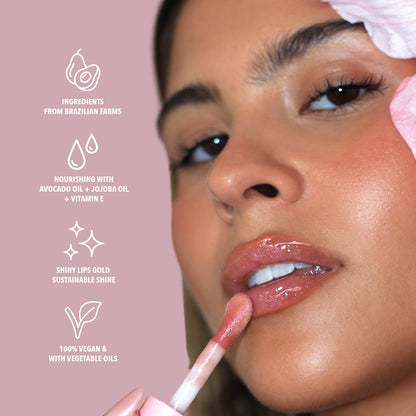Benefits of the pink glitter lip oil with purple glitter. Made with avocado oil, vitamin E and jojoba oil. Vegan and Cruelty Free. Made with biodegradable glitter.#color_siren