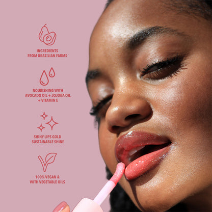 Benefits of the red glitter lip oil with gold glitter. Made with avocado oil, vitamin E and jojoba oil. Vegan and Cruelty Free. Made with biodegradable glitter.#color_aphrodite